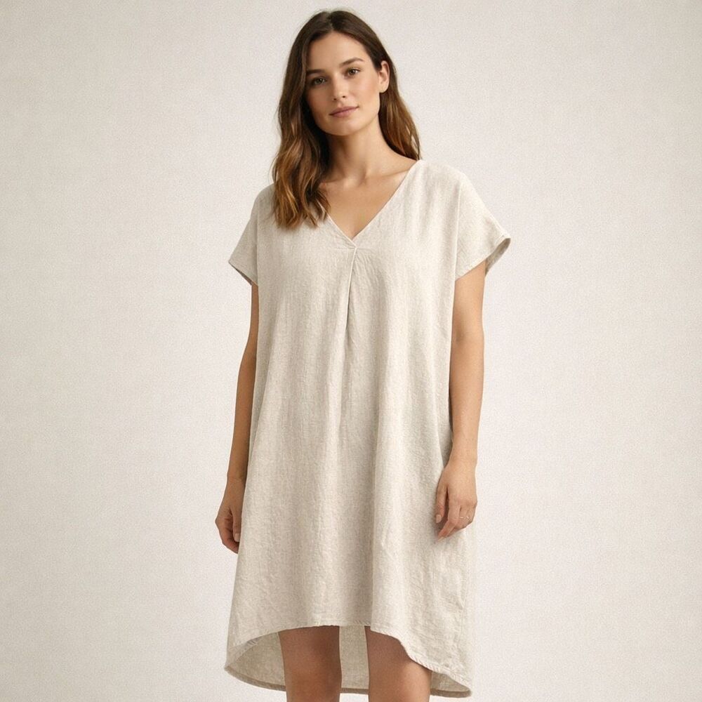 P Cill Linen Blend Beige Shift Dress Oversized Minimalist Small - Picture 2 of 12